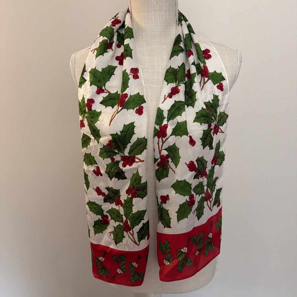 Vintage ECHO Christmas Holiday Scarf Holly Berry Red Silk 54"
